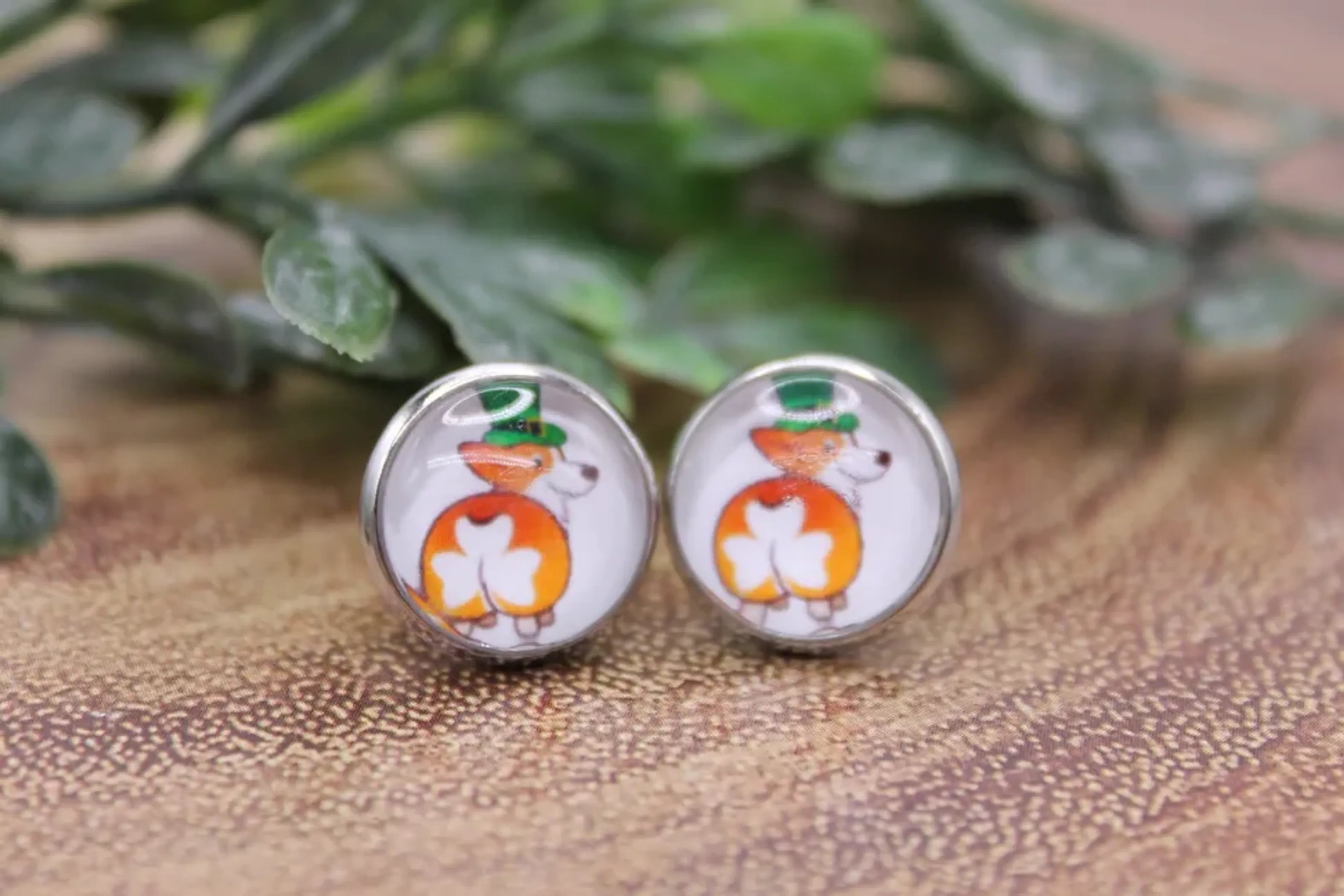St. Patrick's Day Shamrock Bottom Corgi Stud Earrings