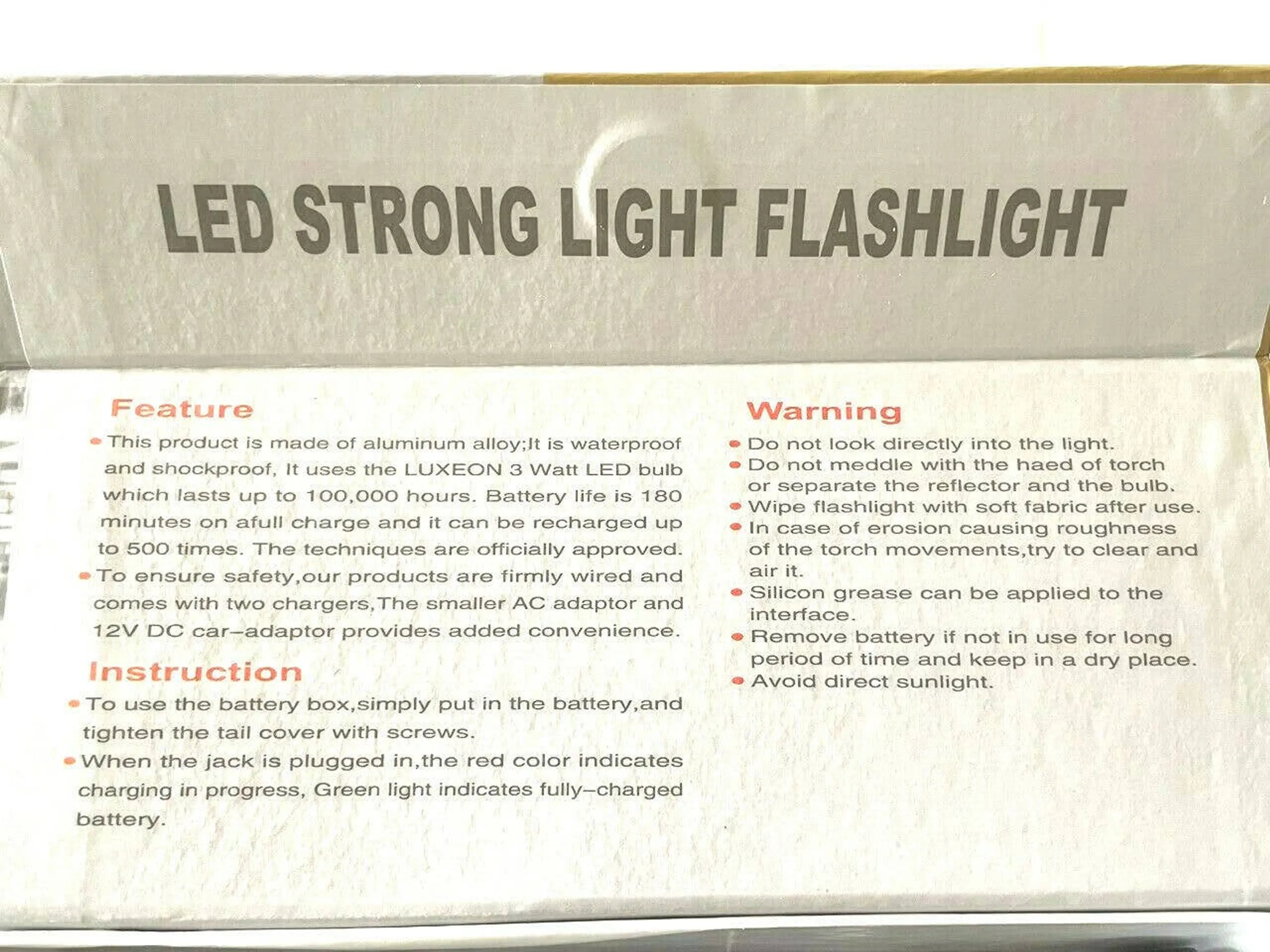 Led Strong Flashlight Multi Function Rechargeable Battery 800-100 Lumens