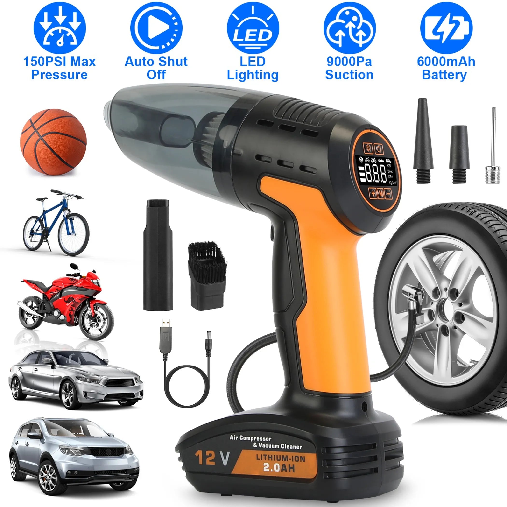 4 In 1 Cordless Car Vacuum Cleaner and Tire Inflator with LED Light