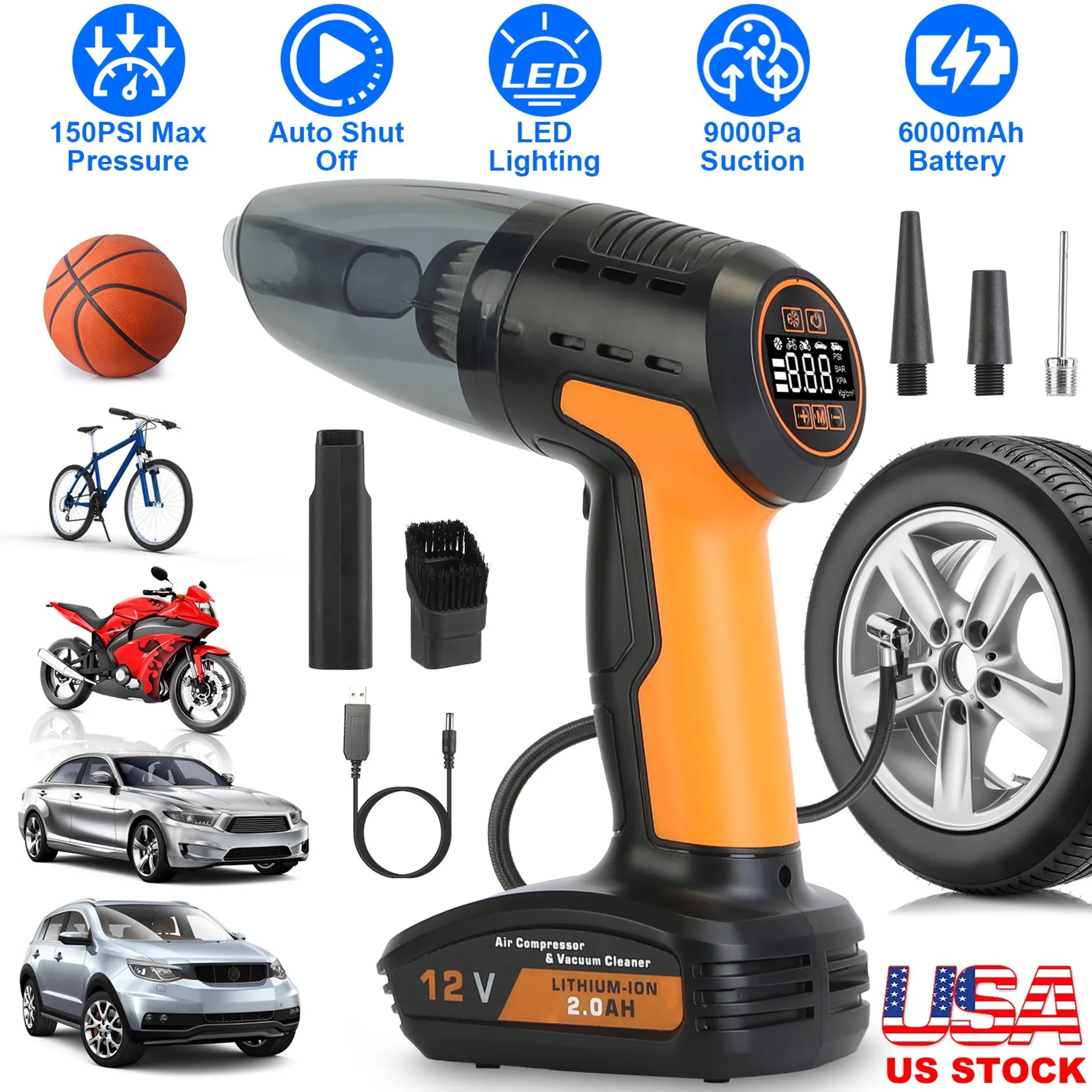 4 In 1 Cordless Car Vacuum Cleaner and Tire Inflator with LED Light