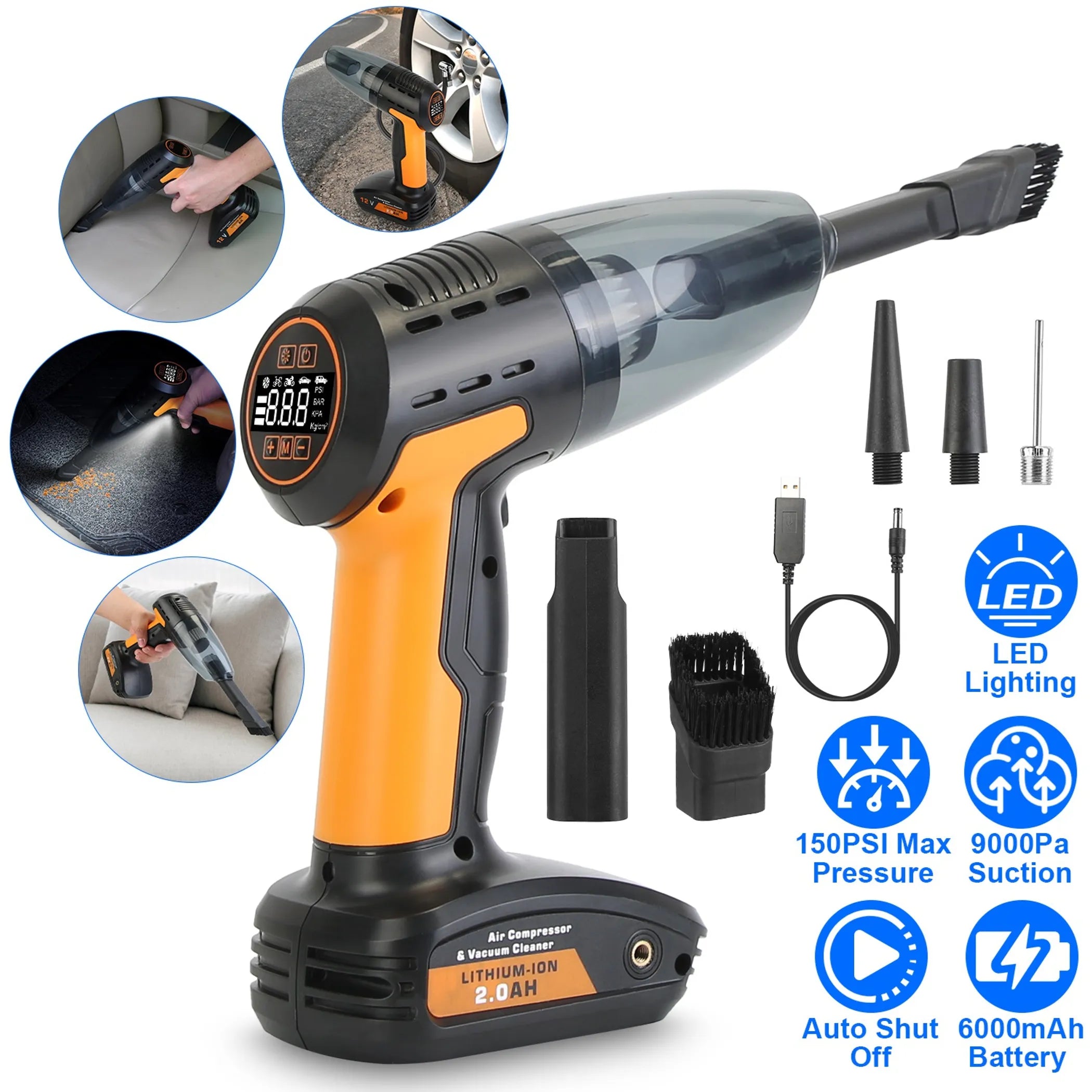 4 In 1 Cordless Car Vacuum Cleaner and Tire Inflator with LED Light