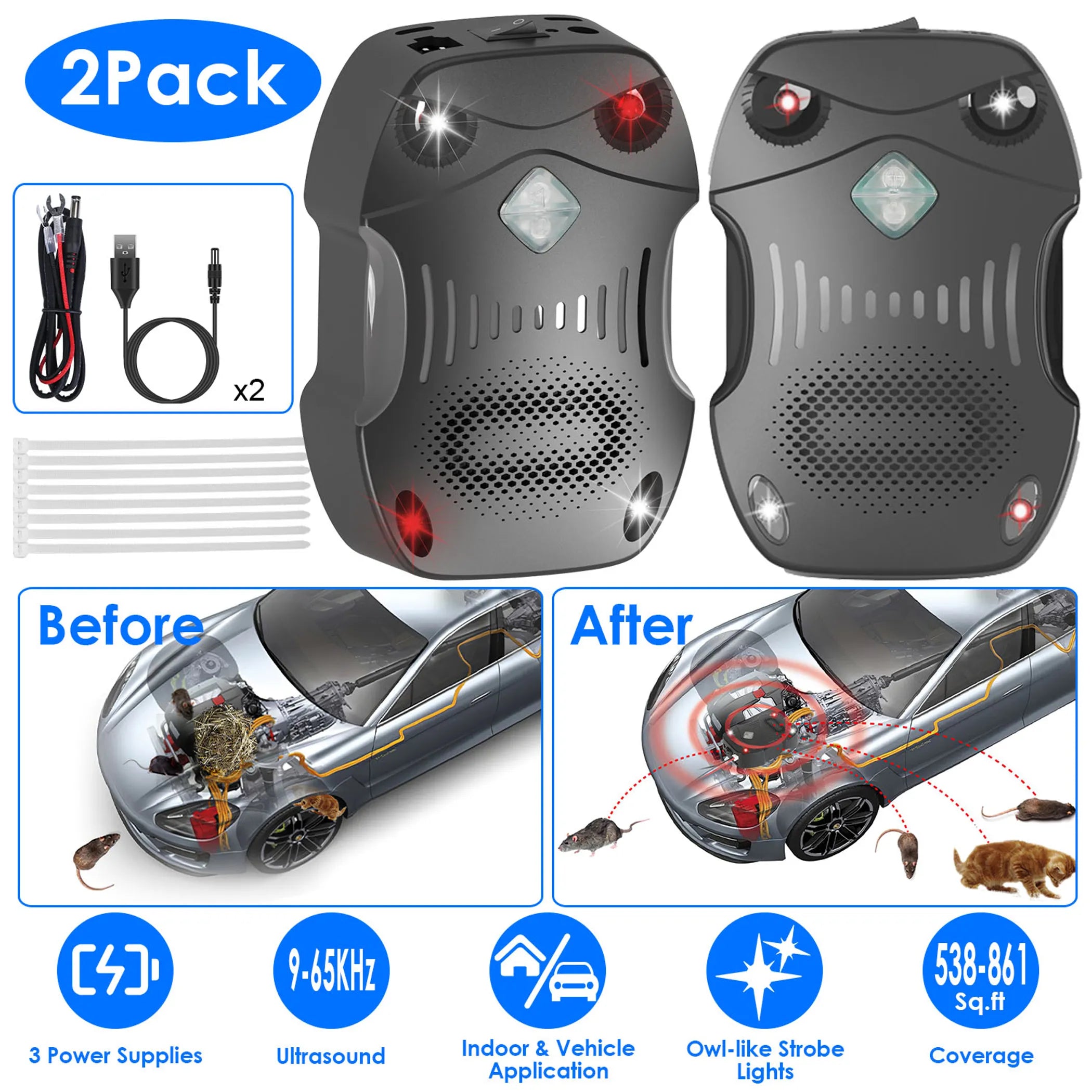 2 Pack Under Hood Ultrasonic Rodent Repeller Rodent