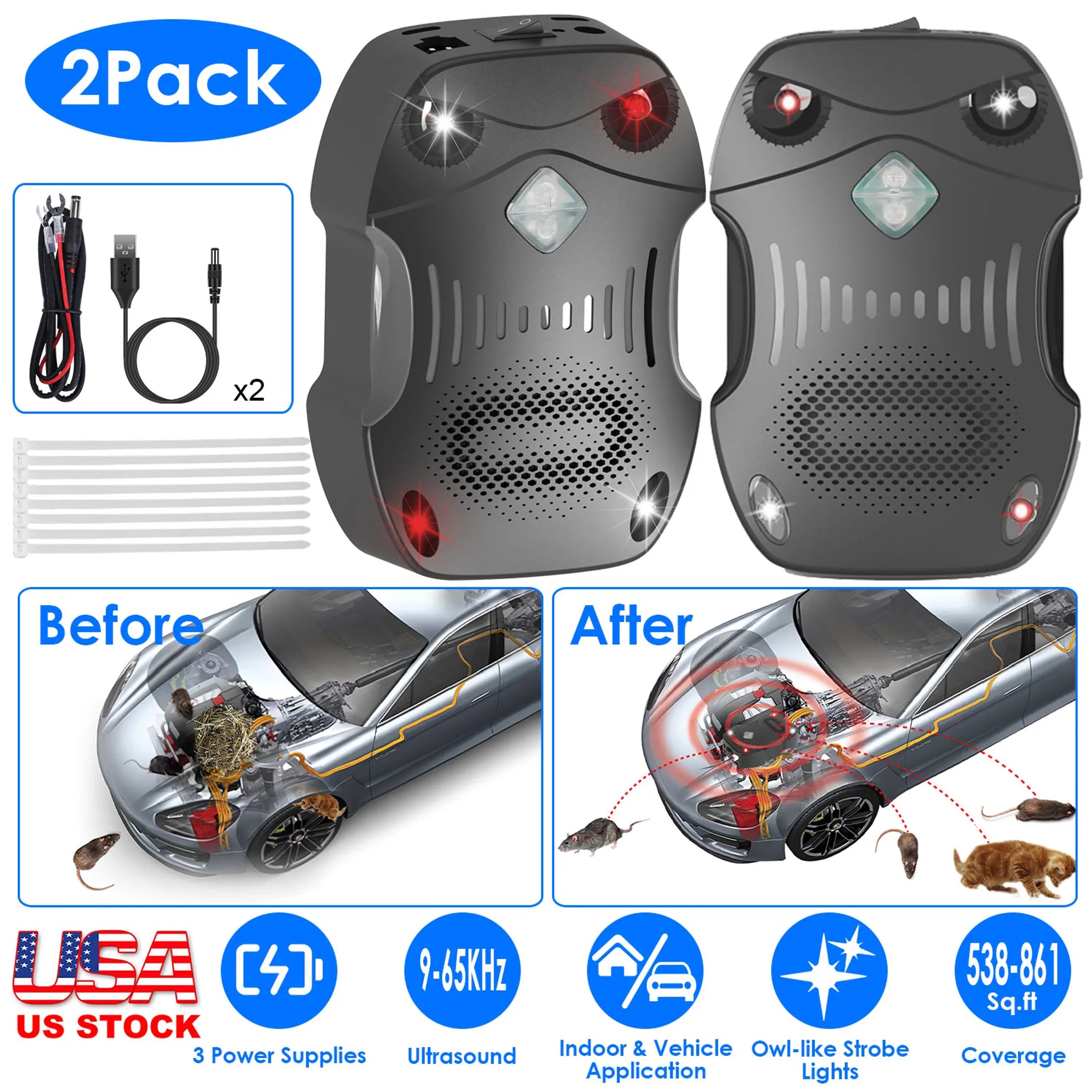 2 Pack Under Hood Ultrasonic Rodent Repeller Rodent
