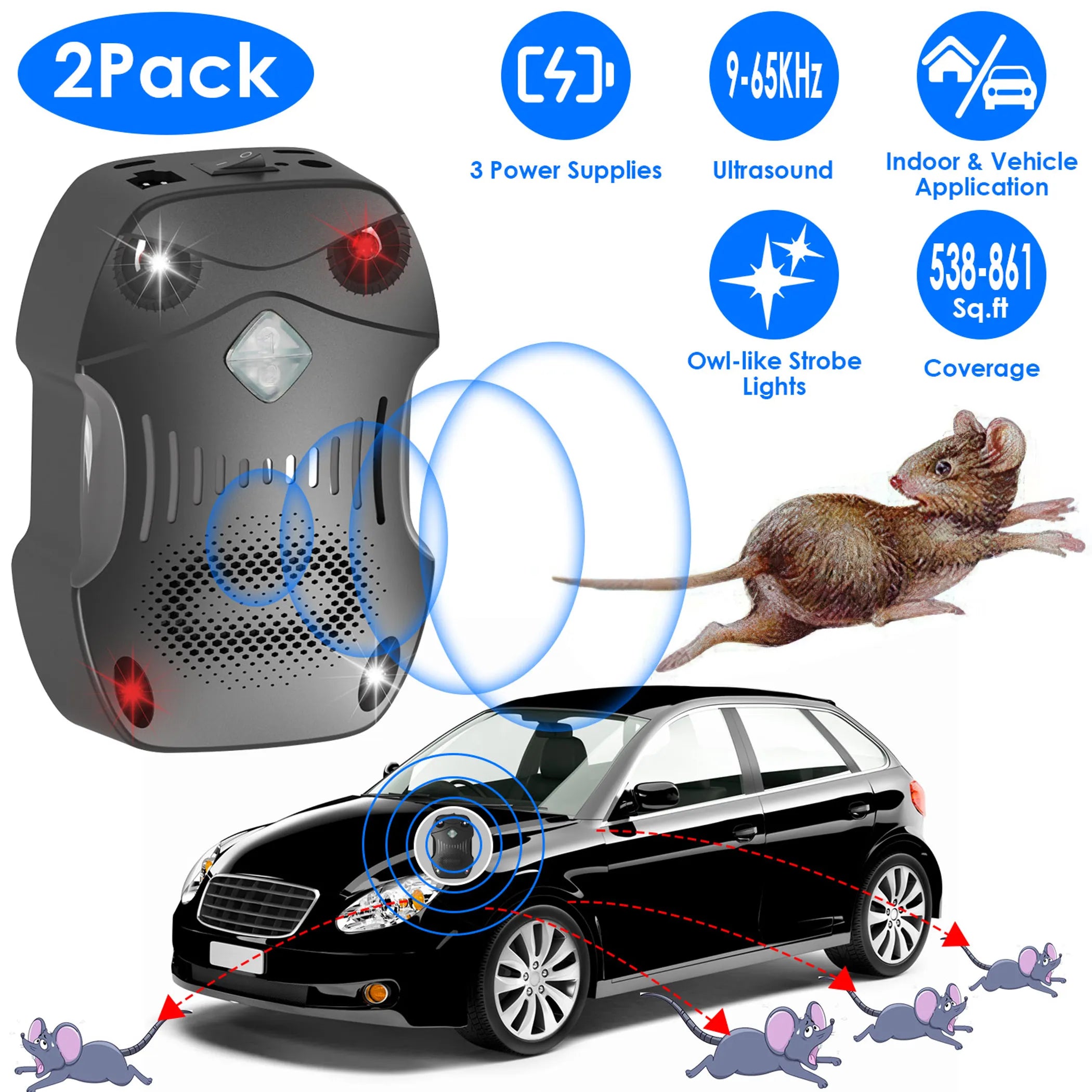 2 Pack Under Hood Ultrasonic Rodent Repeller Rodent